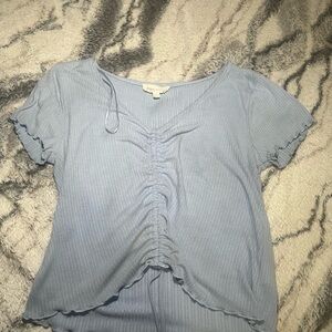 Pink Rose Light Blue Ruched Short Sleeve Crop Top